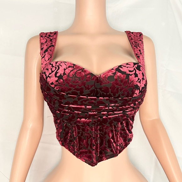 Windsor Tops - Y2K bustier velvet corset top in rich burgundy